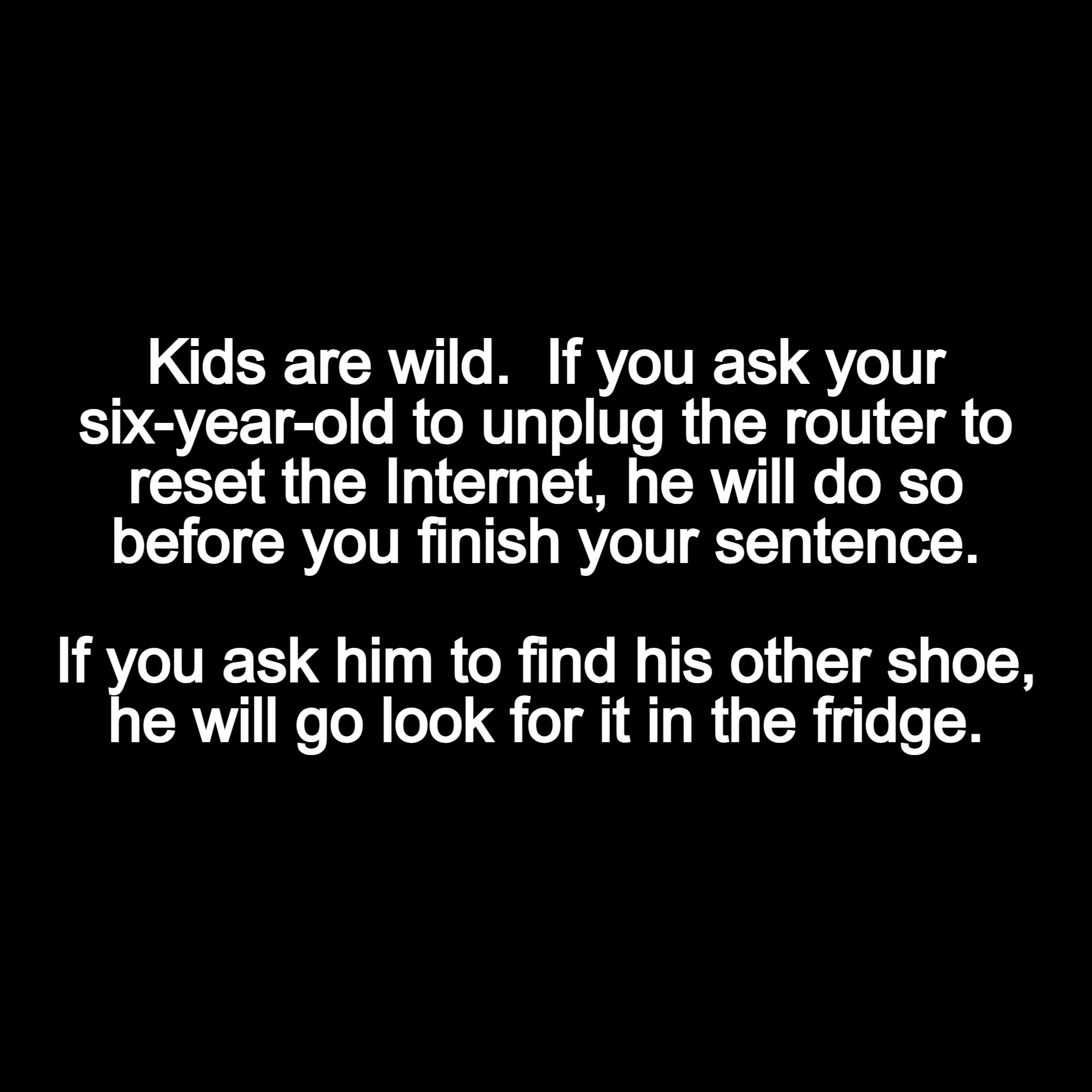 Kids are wild If you ask your Y QVEE o R ORTT o 1T R YN VI IR o reset the Internet he will do so before you finish your sentence If you ask him to find his other shoe e will go look for it in the fridge