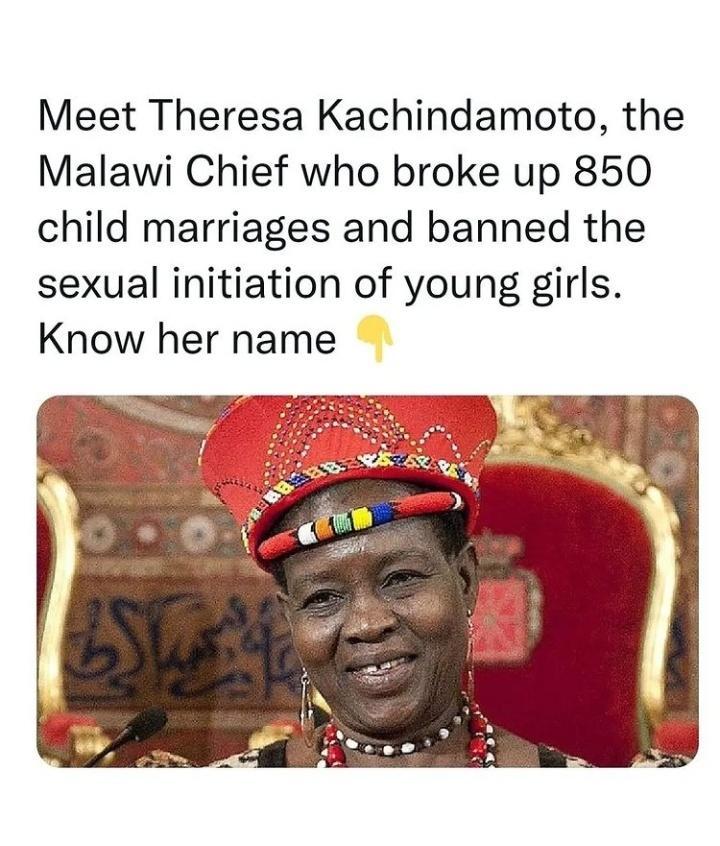 Meet Theresa Kachindamoto the Malawi Chief who broke up 850 child marriages and banned the sexual initiation of young girls Know her name