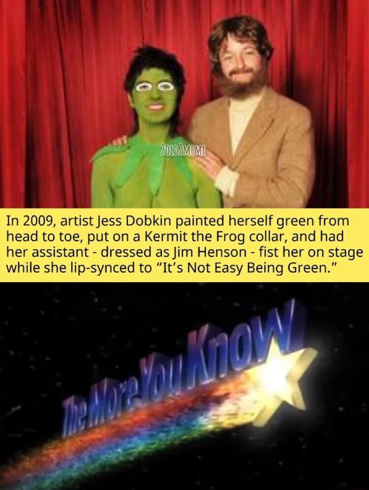 In 2009 artist Jess Dobkin painted herself green from head to toe put on a Kermit the Frog collar and had her assistant dressed as Jim Henson fist her on stage while she lip synced to Its Not Easy Being Green