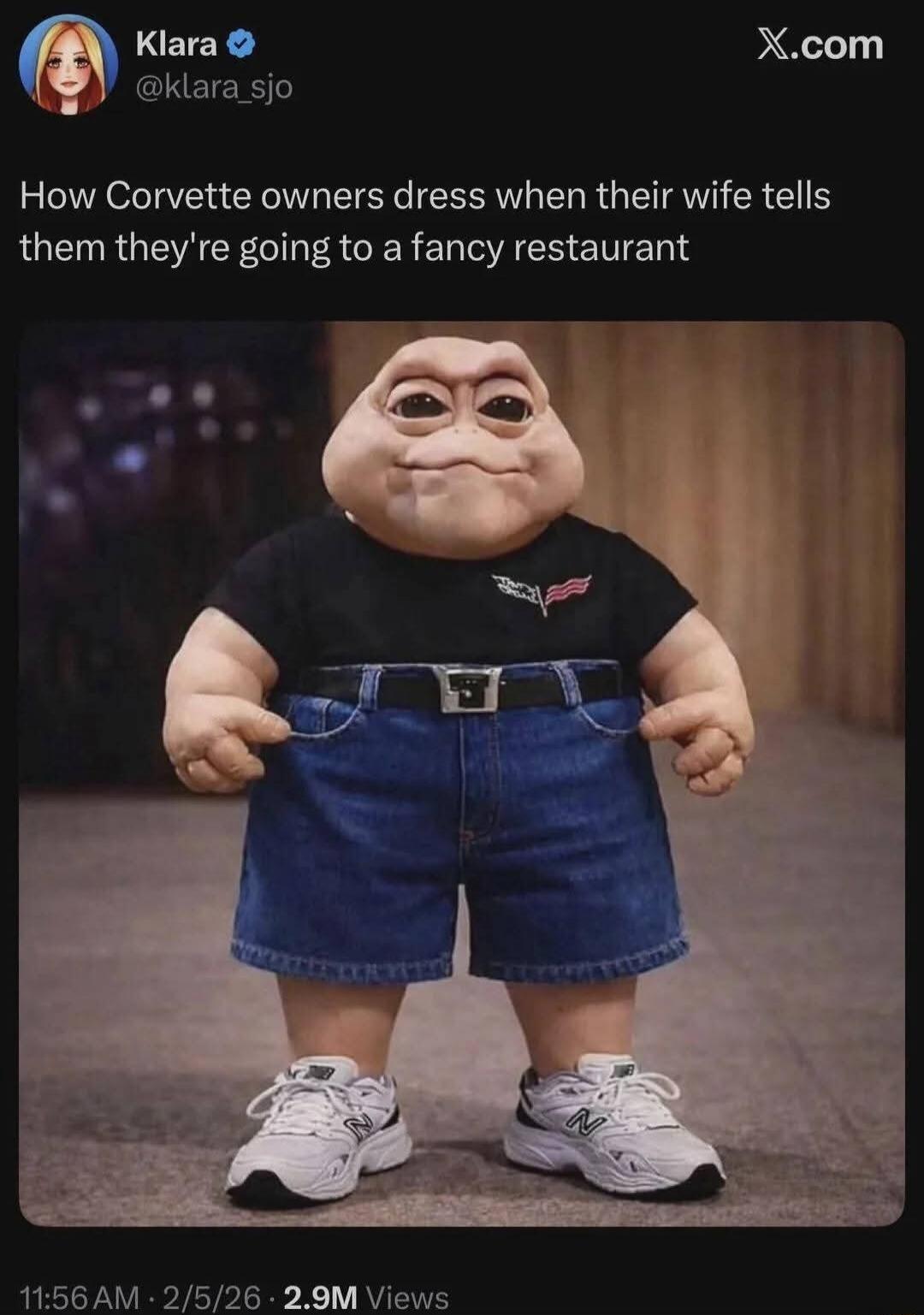 Klara @klara_sjo How Corvette owners dress when their wife tells them they're going to a fancy restaurant X.com 11:56 AM · 2/5/26 · 2.9M Views