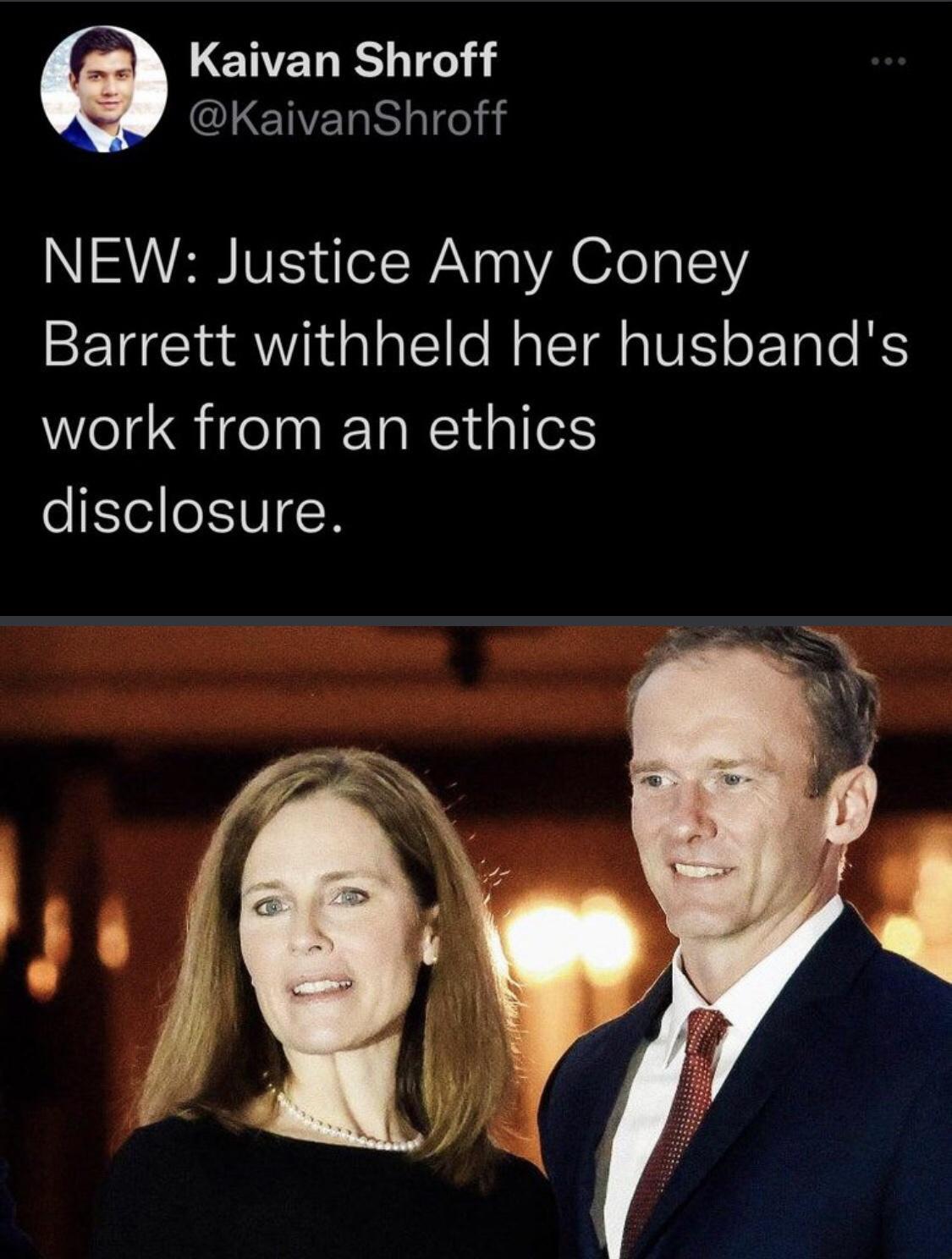 LENELR T4 lENERIli NEW Justice Amy Coney Barrett withheld her husbands Wl St Ink laR1t e disclosure