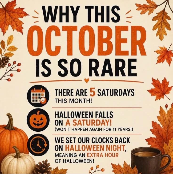 WHY THIS OCTOBER IS SO RARE. THERE ARE 5 SATURDAYS THIS MONTH! HALLOWEEN FALLS ON A SATURDAY! (WON'T HAPPEN AGAIN FOR 11 YEARS!) WE SET OUR CLOCKS BACK ON HALLOWEEN NIGHT, MEANING AN EXTRA HOUR OF HALLOWEEN!