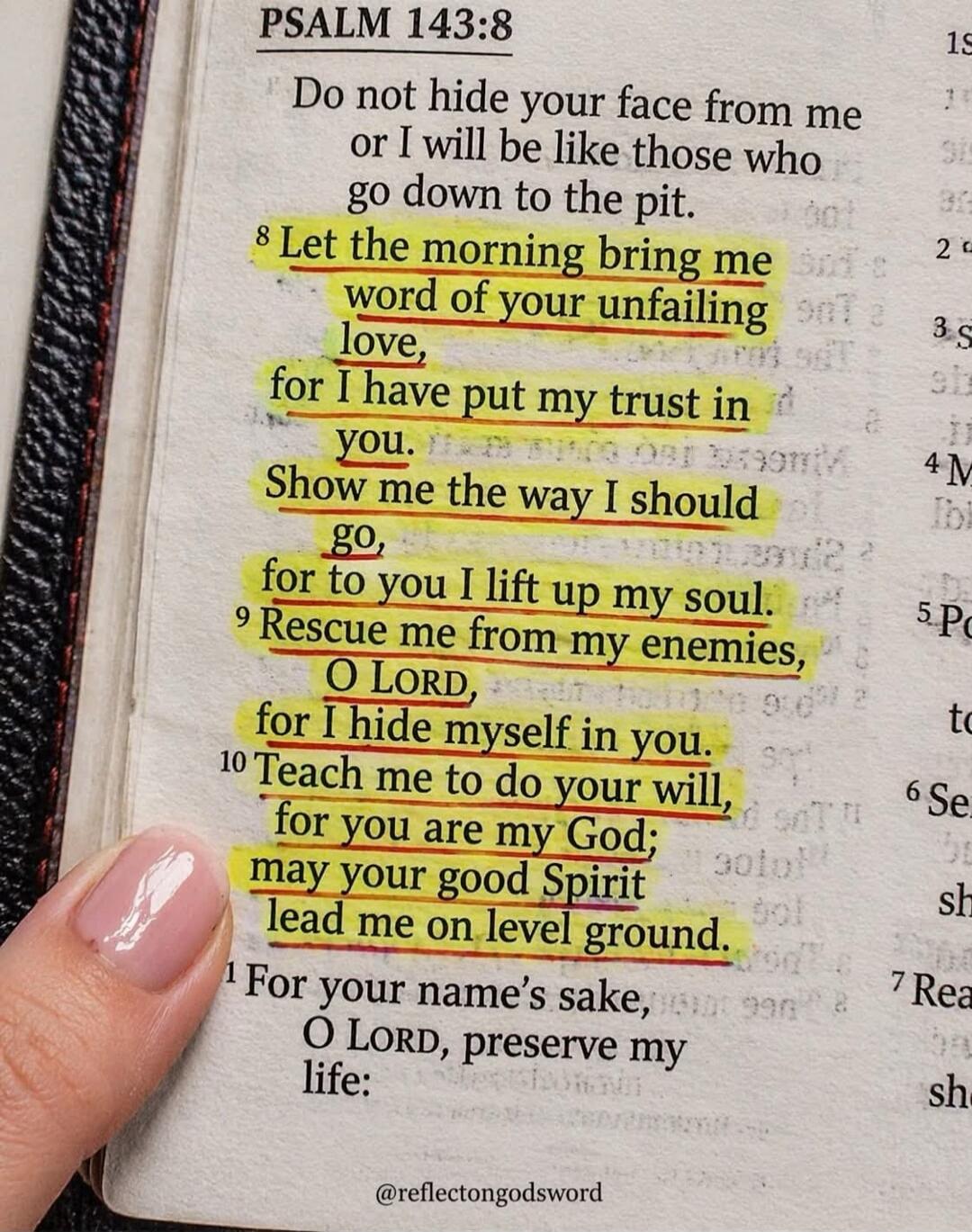 PSALM 143:8 Do not hide your face from me or I will be like those who go down to the pit. 8 Let the morning bring me word of your unfailing love, for I have put my trust in you. Show me the way I should go, for to you I lift up my soul. 9 Rescue me from my enemies, O LORD, for I hide myself in you. 10 Teach me to do your will, for you are my God; m