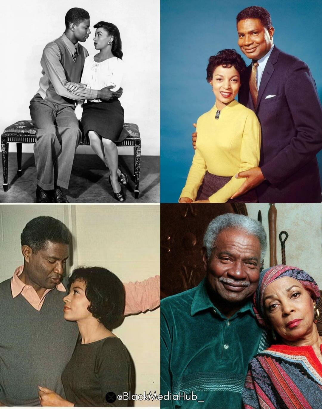 A collage of four vintage photographs featuring Black couples in affectionate poses. Top left: a man and woman sit close on a bench, engaging in a tender moment. Top right: a smiling couple standing together, with the woman in a yellow top. Bottom left: a man and woman share a gentle embrace. Bottom right: an elderly couple posing warmly together.