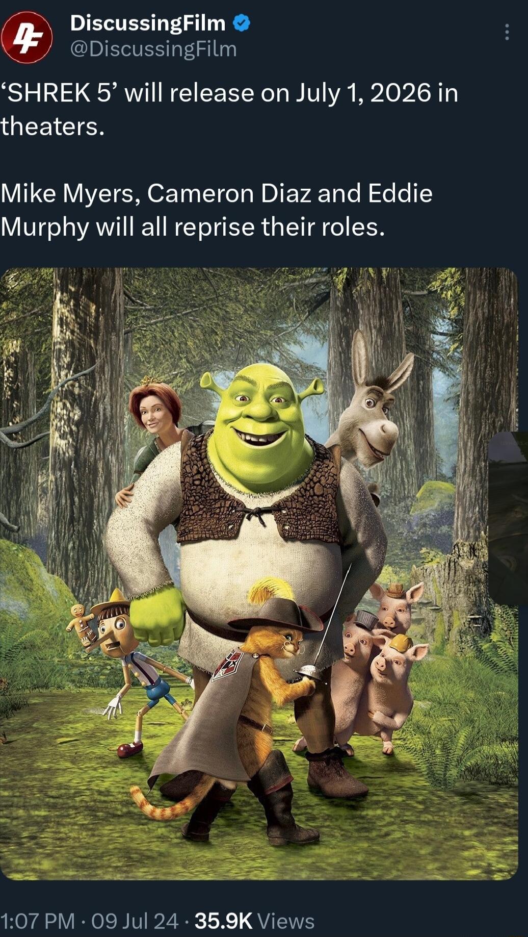 4_ DiscussingFilm DiscussingFilm SHREK 5 will release on July 12026 in GIEEICTEN Mike Myers Cameron Diaz and Eddie Murphy will all reprise their roles EO YAV RNV 20 1K QYIS