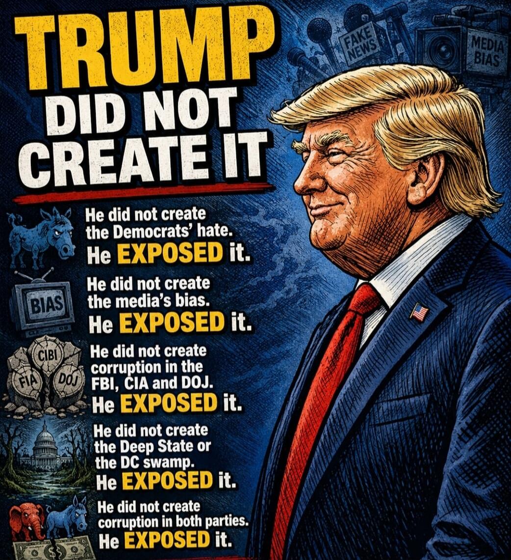 TRUMP DID NOT CREATE IT. FAKE NEWS. MEDIA BIAS. He did not create the Democrats' hate. He EXPOSED it. BIAS. He did not create the media's bias. He EXPOSED it. He did not create corruption in the FBI, CIA and DOJ. He EXPOSED it. He did not create the Deep State or the DC swamp. He EXPOSED it. He did not create corruption in both parties. He EXPOSED 