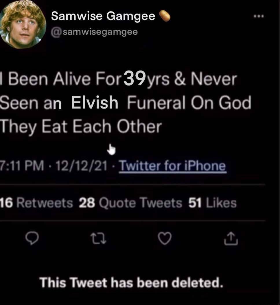 Samwise Gamgee o T Been Alive For39yrs Never Seen an Elvish Funeral On God They Eat Each Other 711 PM 121221 Twitter for iPhone LLETEEER 2 Jo IR NEETER JEIEH Q 2 Q RUTERTEE ERY EEL L EET