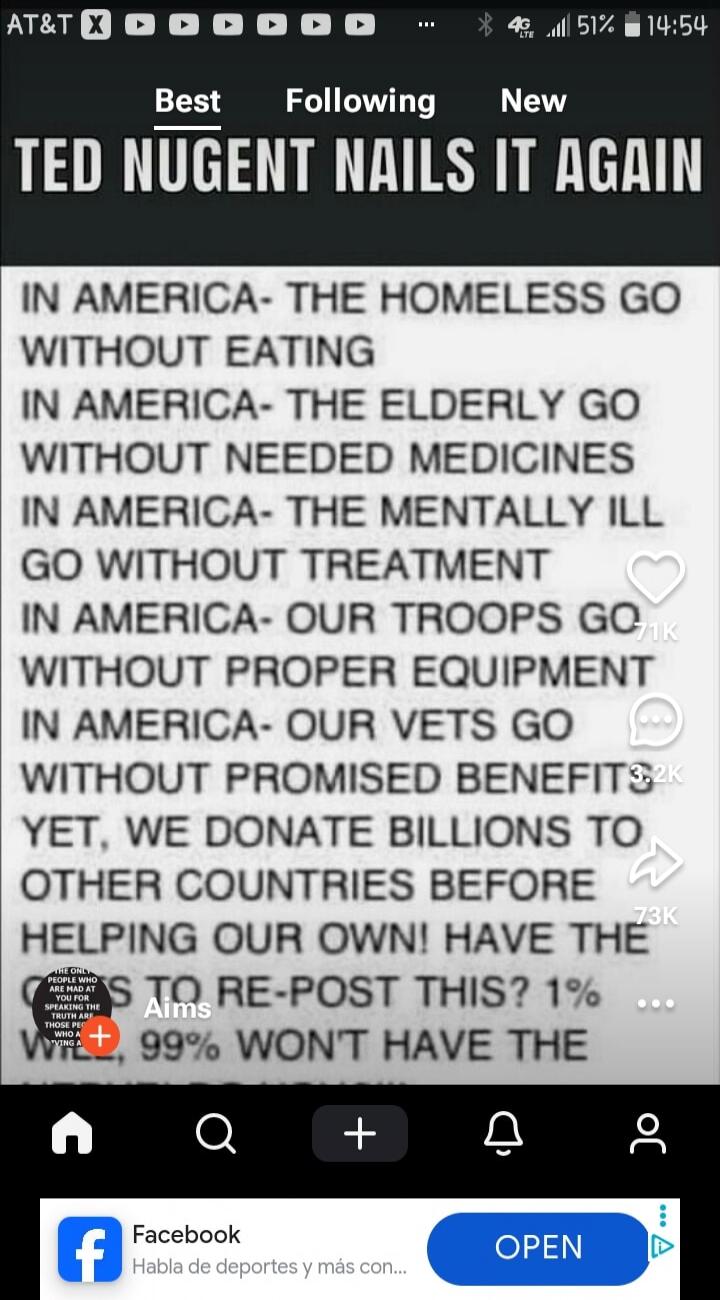 TED NUGENT NAILS IT AGAIN. IN AMERICA- THE HOMELESS GO WITHOUT EATING. IN AMERICA- THE ELDERLY GO WITHOUT NEEDED MEDICINES. IN AMERICA- THE MENTALLY ILL GO WITHOUT TREATMENT. IN AMERICA- OUR TROOPS GO WITHOUT PROPER EQUIPMENT. IN AMERICA- OUR VETS GO WITHOUT PROMISED BENEFITS. YET, WE DONATE BILLIONS TO OTHER COUNTRIES BEFORE HELPING OUR OWN! HAVE 