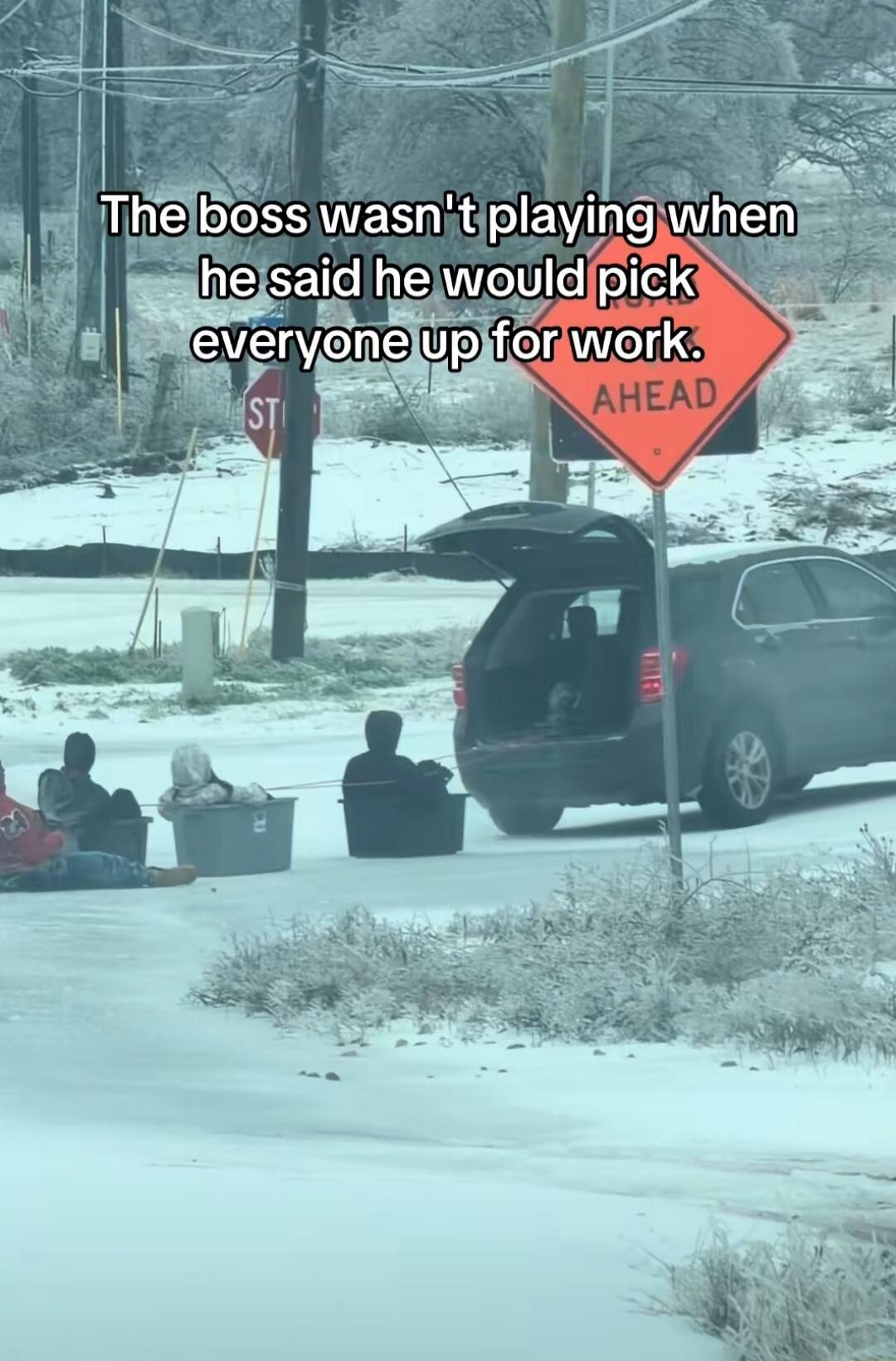 The boss wasn't playing when he said he would pick everyone up for work.