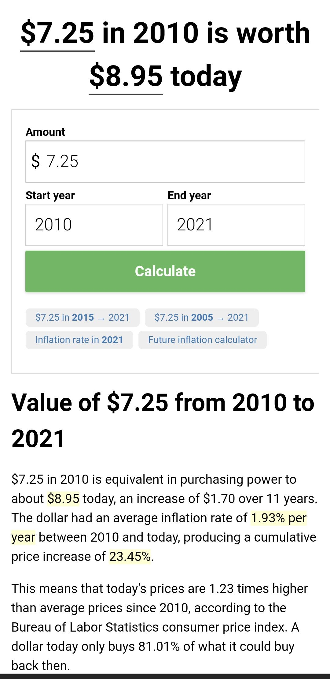 725in 2010 is worth 895 today Amount 725 Start year End year 2010 2021 725in 2015 2021 725in 2005 2021 Inflation rate in 2021 Future inflation calculator Value of 725 from 2010 to 2021 7251in 2010 is equivalent in purchasing power to about 895 today an increase of 170 over 11 years The dollar had an average inflation rate of 193 per year between 2010 and today producing a cumulative price increase