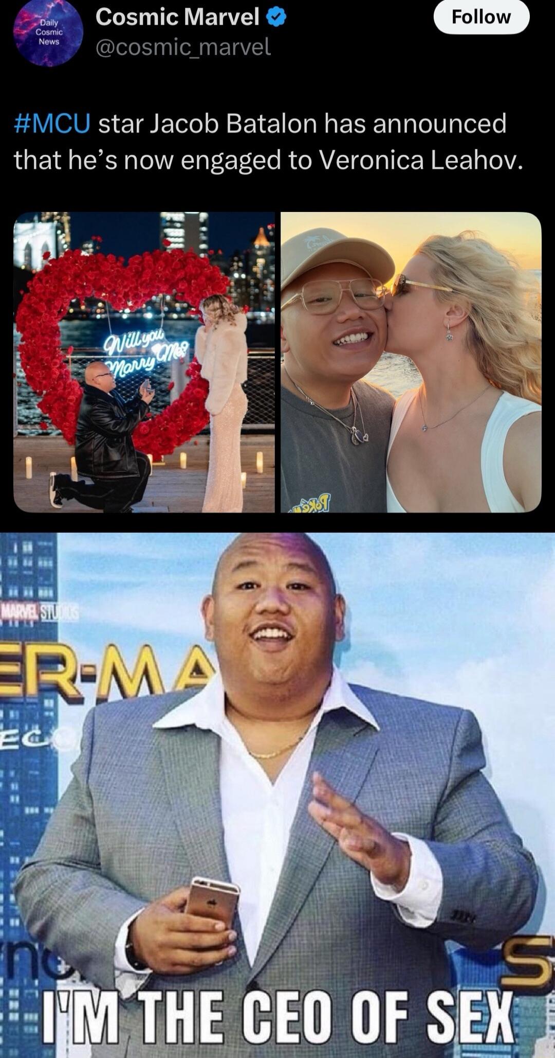 o BT VT cosmic_marvel CU star Jacob Batalon has announced that hes now engaged to Veronica Leahov