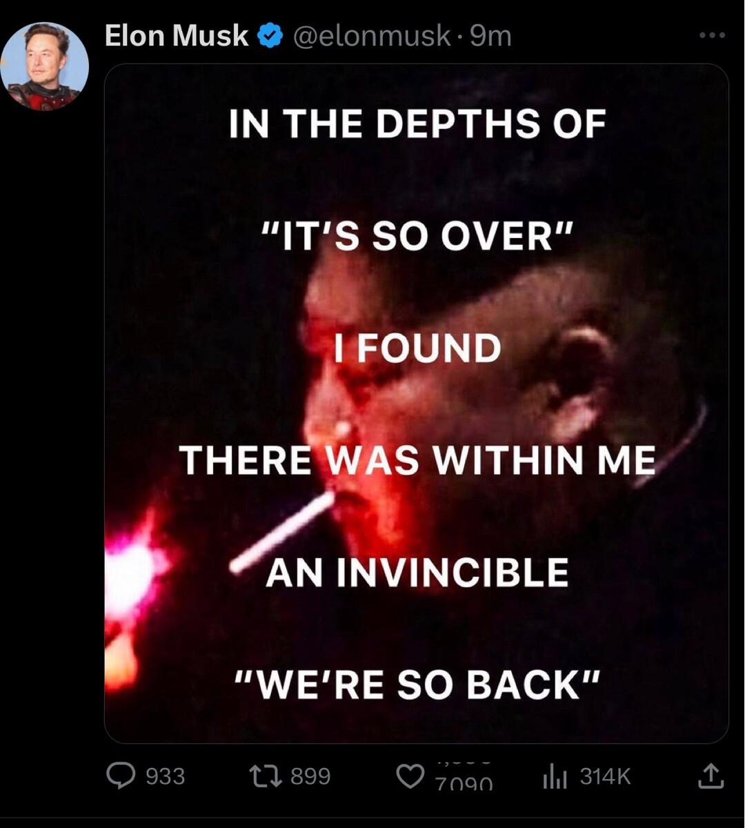 Elon Musk elonmusk 9m IN THE DEPTHS OF ITS SO OVER THER ed 183 WERE SO BACK Q933 11899 V it 314K