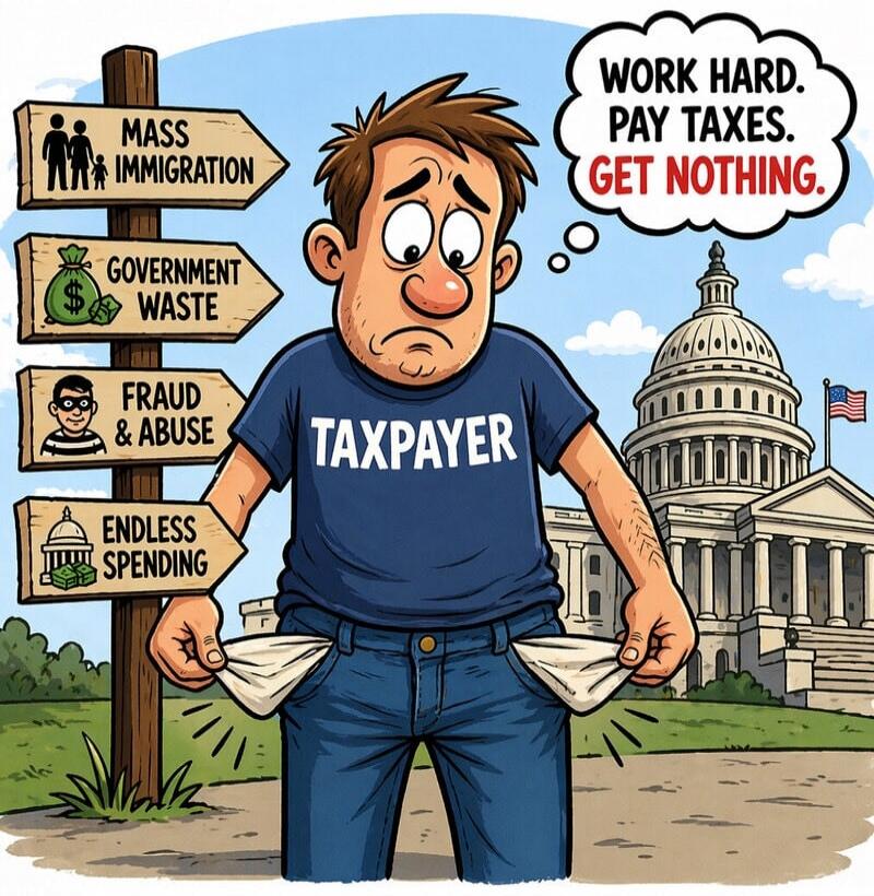 TAXPAYER. MASS IMMIGRATION. GOVERNMENT WASTE. FRAUD & ABUSE. ENDLESS SPENDING. WORK HARD. PAY TAXES. GET NOTHING.
