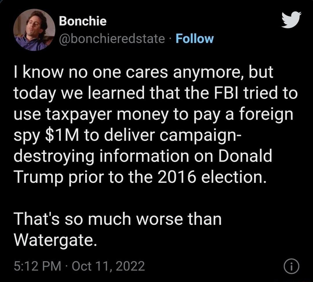 m Bonchie L 4 8 bonchieredstate Follow know no one cares anymore but today we learned that the FBI tried to use taxpayer money to pay a foreign spy 1M to deliver campaign destroying information on Donald Trump prior to the 2016 election RLEIEE N T BT CT R GE WELCICEIER 512 PM Oct 11 2022 6