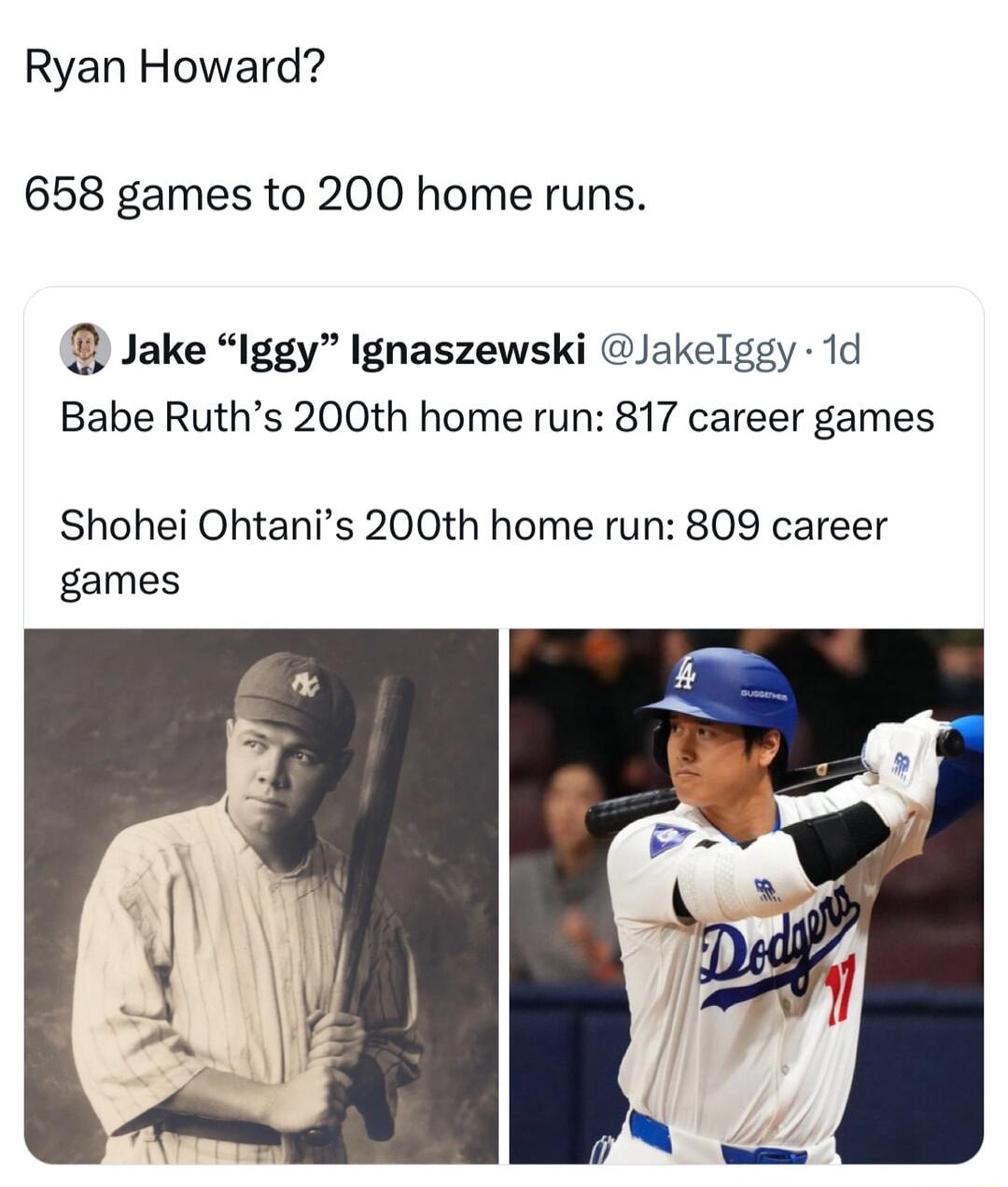 Ryan Howard 658 games to 200 home runs J Jake Iggy Ignaszewski Jakelggy 1d Babe Ruths 200th home run 817 career games Shohei Ohtanis 200th home run 809 career games