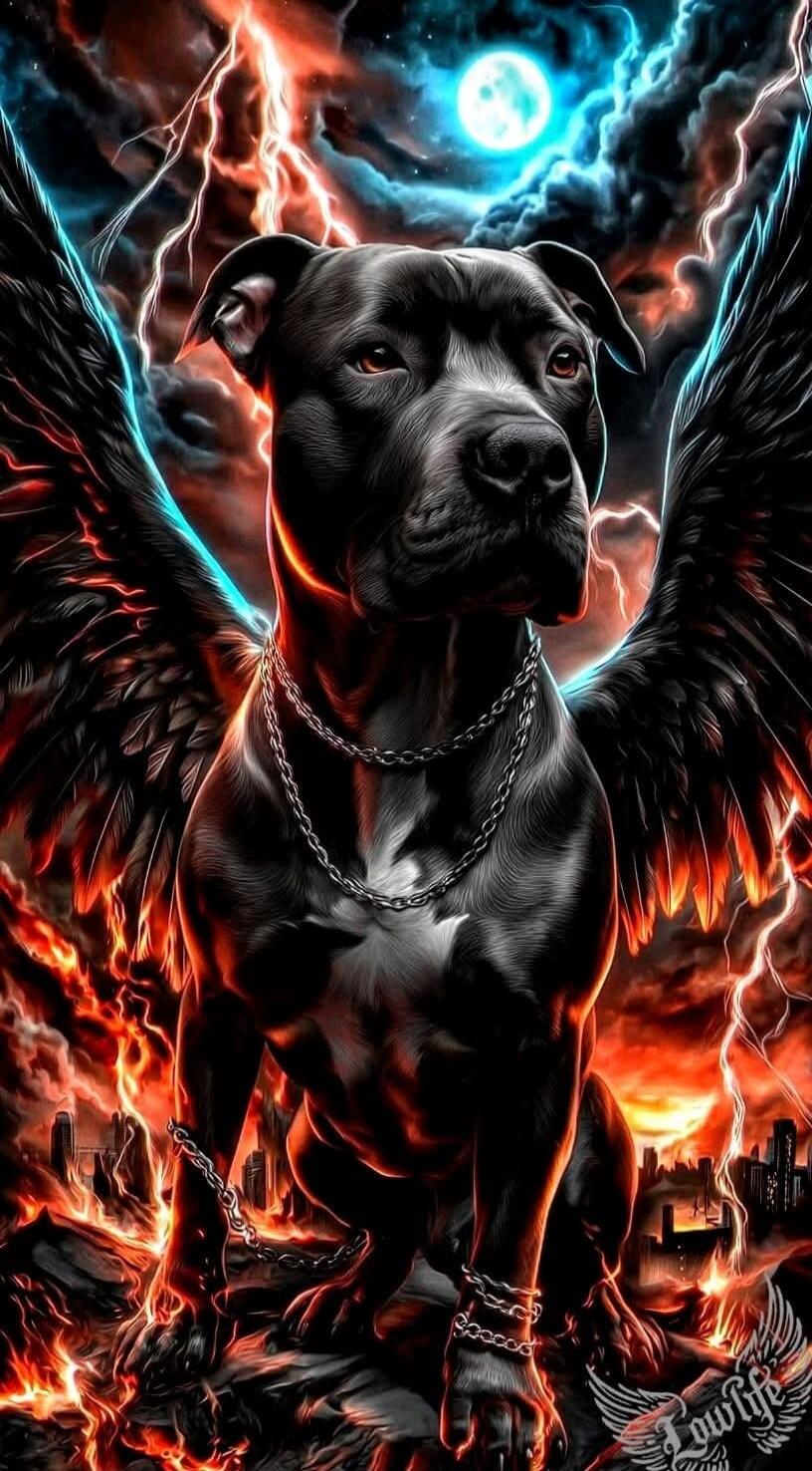 Digital artwork depicting a black dog with wings standing amid a fiery, apocalyptic landscape with lightning and a bright moon.