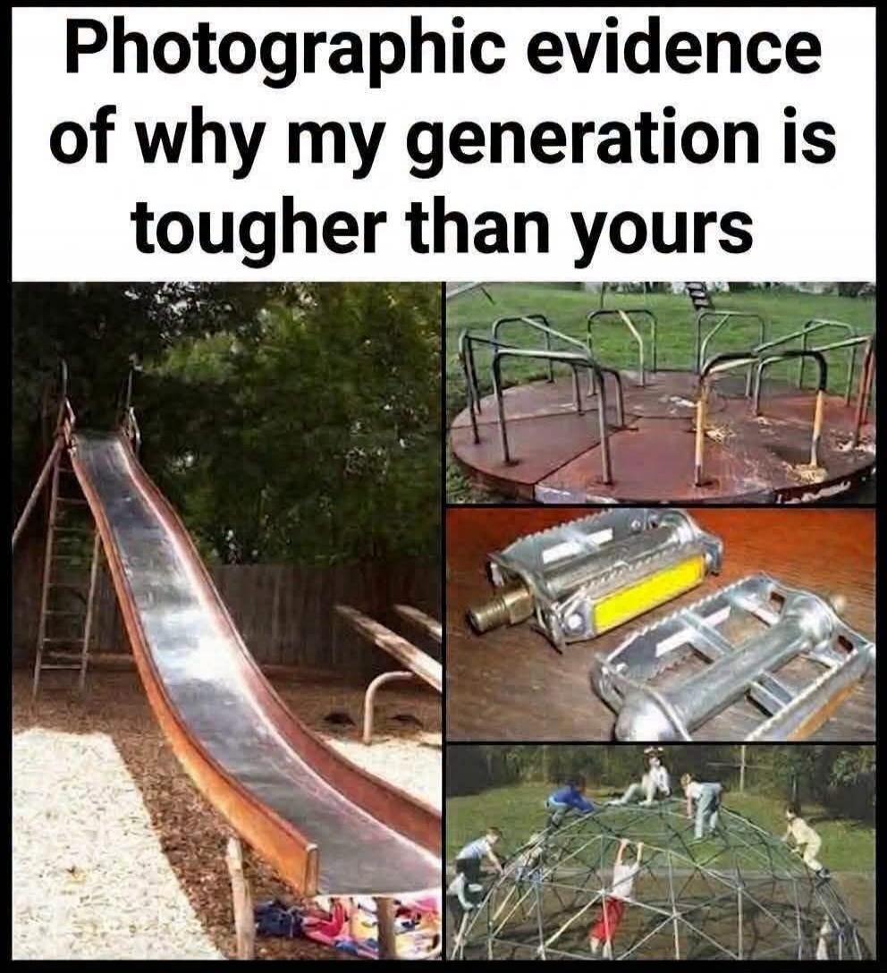 Photographic evidence of why my generation is tougher than yours. The image displays a collage of old playground equipment and bicycle parts, including a long metal slide, a rusty merry-go-round, sharp metal bicycle pedals, and children climbing on a metal geodesic dome.