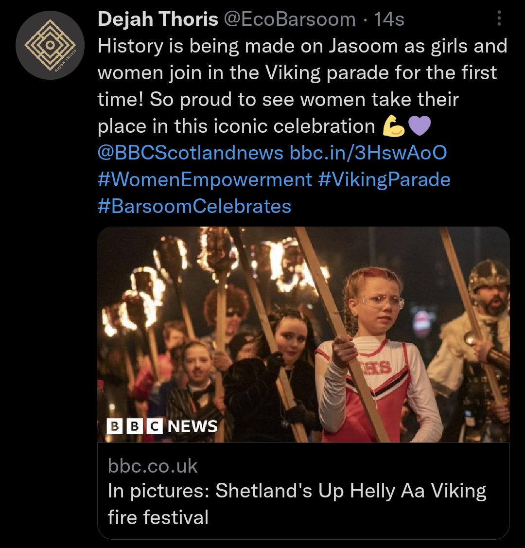 Dejah Thoris EcoBarsoom 14s History is being made on Jasoom as girls and women join in the Viking parade for the first time So proud to see women take their place in this iconic celebration e BBCScotlandnews bbein3HswAoO WomenEmpowerment VikingParade BarsoomCelebrates e bbecouk In pictures Shetlands Up Helly Aa Viking fire festival