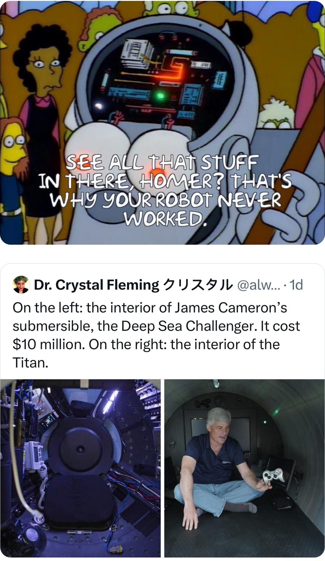 WOl Dr Crystal Fleming 7 1 24 L alw 1d On the left the interior of James Camerons submersible the Deep Sea Challenger It cost 10 million On the right the interior of the Titan