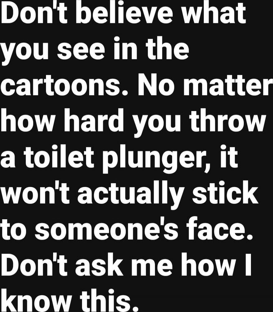 Don't believe what you see in the cartoons. No matter how hard you throw a toilet plunger, it won't actually stick to someone's face. Don't ask me how I know this.