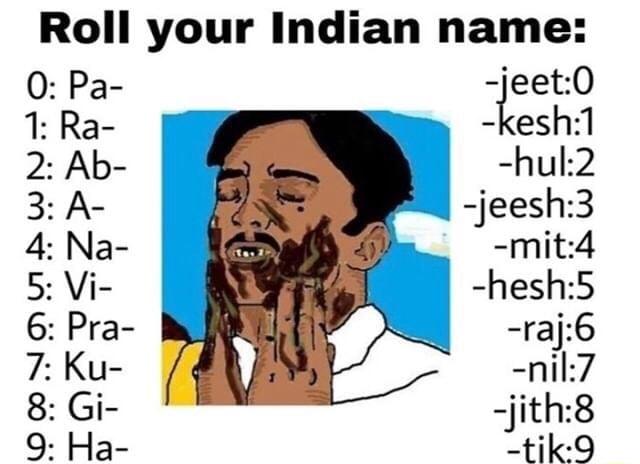 Roll your Indian name ieetO kesh1 hul2 jeesh3 mit4 hesh5 raj6 nil7 jith8 tlk9