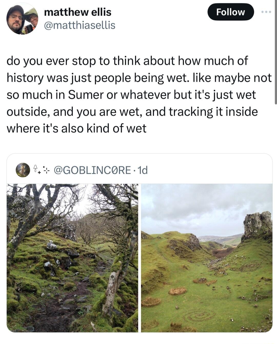 matthiasellis matthew ellis do you ever stop to think about how much of history was just people being wet like maybe not so much in Sumer or whatever but its just wet outside and you are wet and tracking it inside where its also kind of wet GOBLINCORE 1d