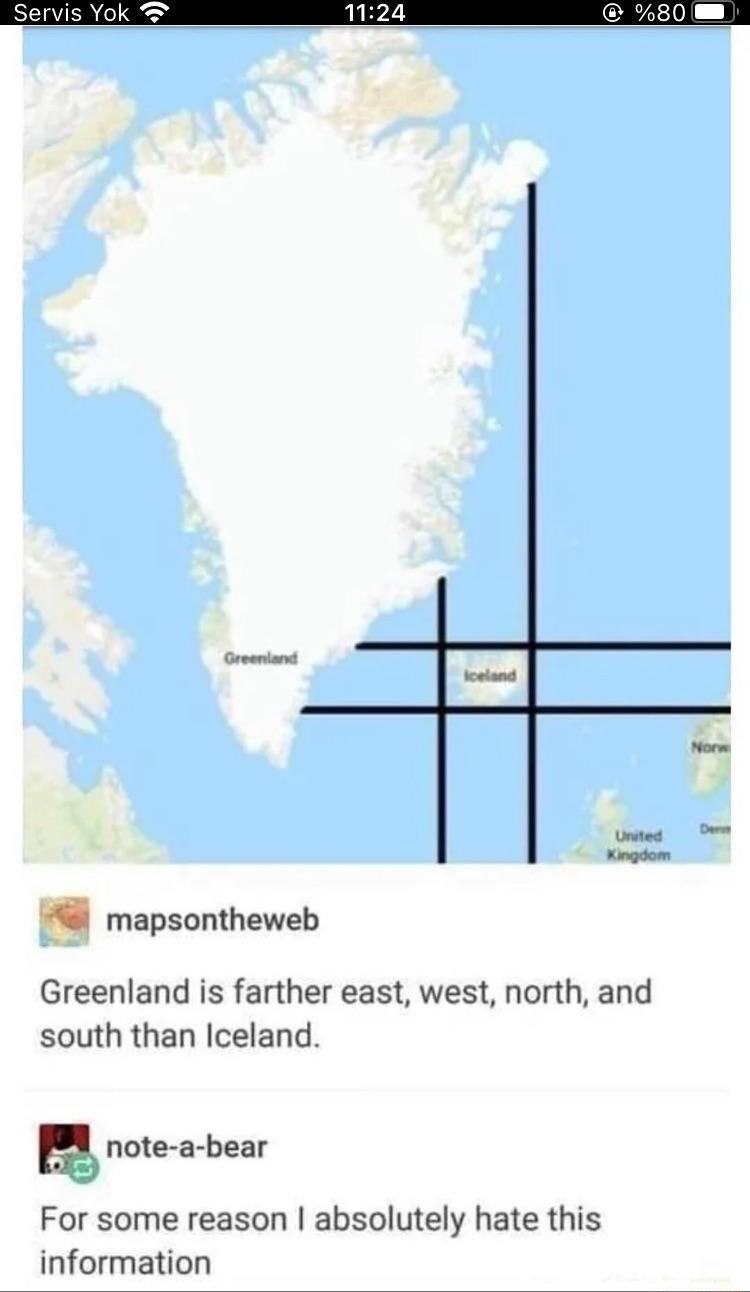 mapsontheweb Greenland is farther east west north and south than Iceland note a bear For some reason absolutely hate this information