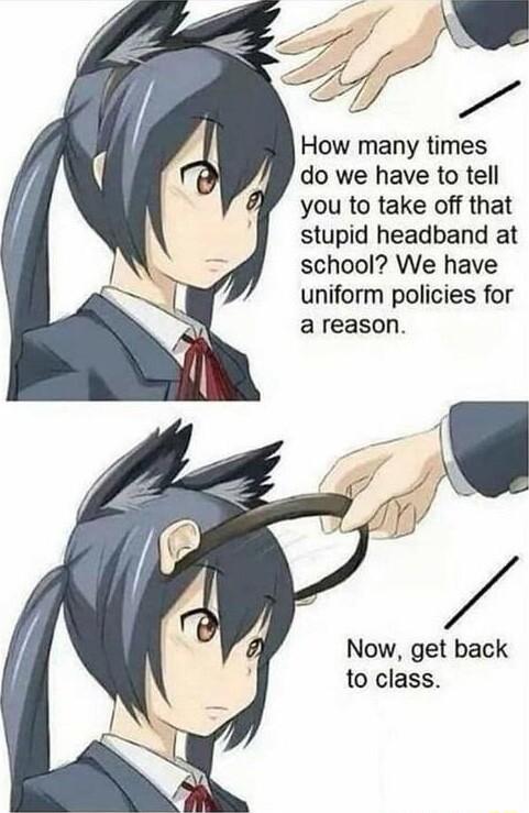How many times do we have to tell you to take off that stupid headband at school We have uniform policies for areason Now get back to class