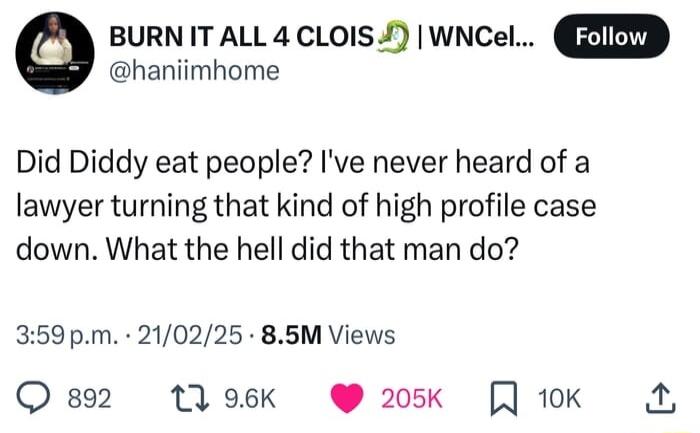 G BURN IT ALL 4 CLOIS WNCel haniimhome Did Diddy eat people Ive never heard of a lawyer turning that kind of high profile case down What the hell did that man do 359pm 210225 85M Views Q892 1laosk 205K J 10K