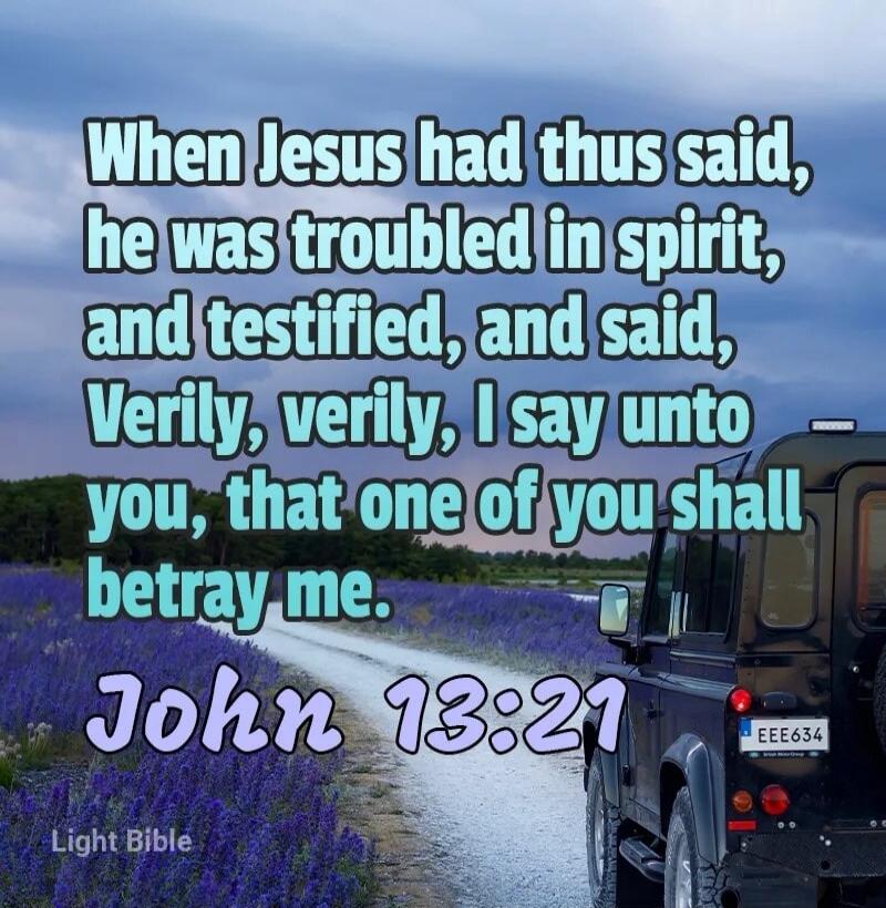 When Jesus had thus said, he was troubled in spirit, and testified, and said, Verily, verily, I say unto you, that one of you shall betray me. John 13:21 Light Bible