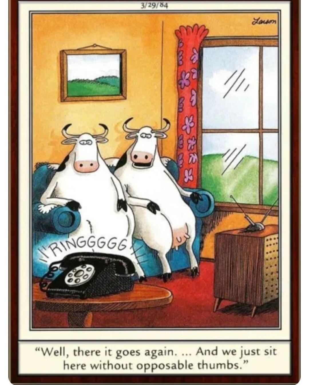 RINGGGGG. Well, there it goes again. ... And we just sit here without opposable thumbs. 3/29/84. Larson.