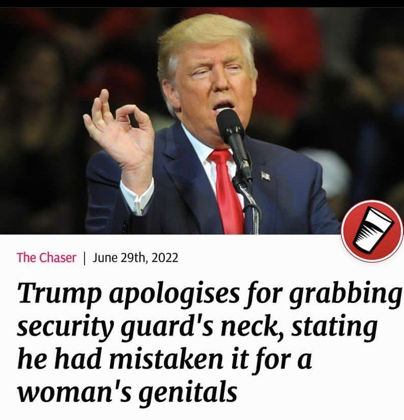 The Chaser June 29th 2022 Trump apologises for grabbmg security guards neck stating he had mistaken it for a womans genitals