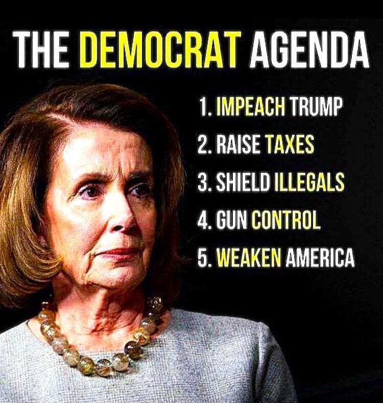 THE DEMOCRAT AGENDA
1. IMPEACH TRUMP
2. RAISE TAXES
3. SHIELD ILLEGALS
4. GUN CONTROL
5. WEAKEN AMERICA