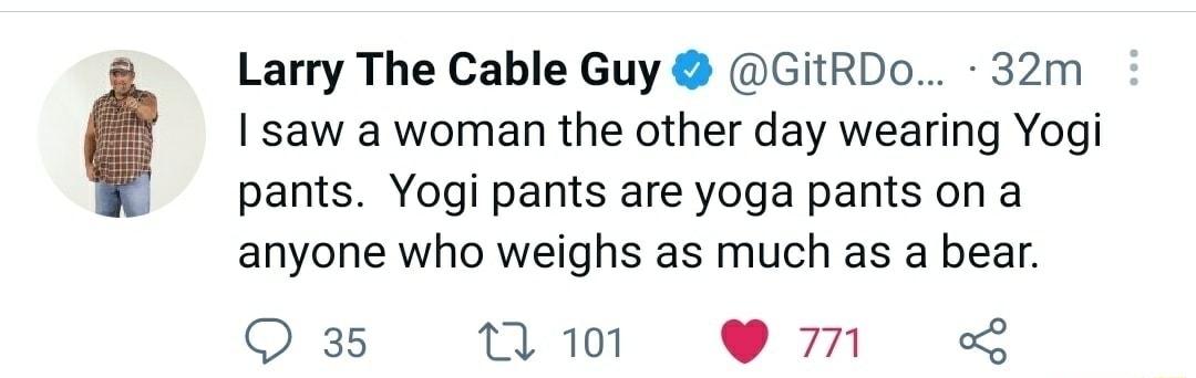 Larry The Cable Guy GitRDo 32m saw a woman the other day wearing Yogi pants Yogi pants are yoga pants on a anyone who weighs as much as a bear 35 101 m