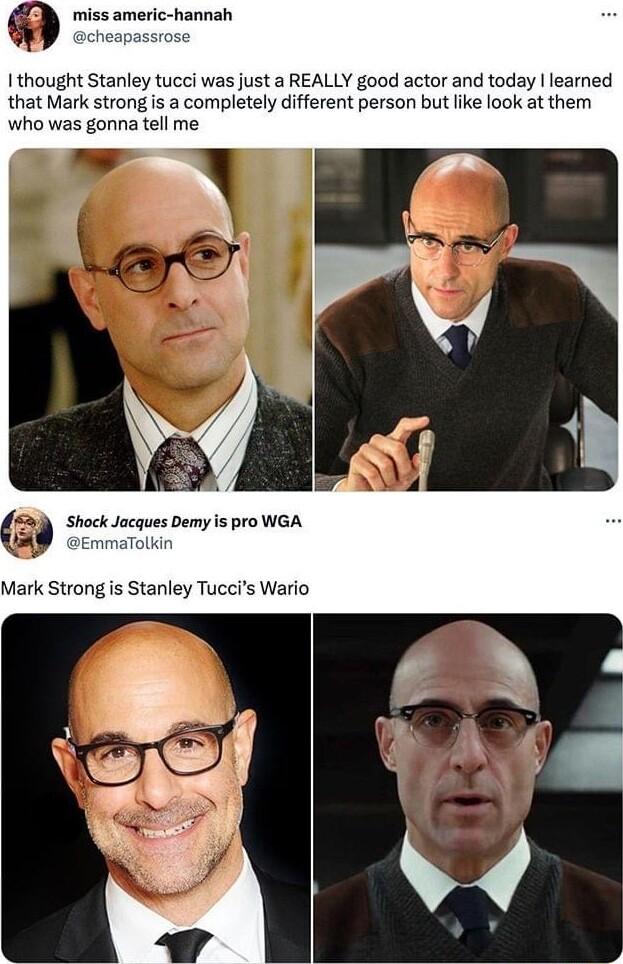 miss americ hannah hea I thought Stanley tucci was just a REALLY good actor and today learned that Mark strong is a completely different person but like look at them who was gonna tell me Mark Strong is Stanley Tuccis Wario