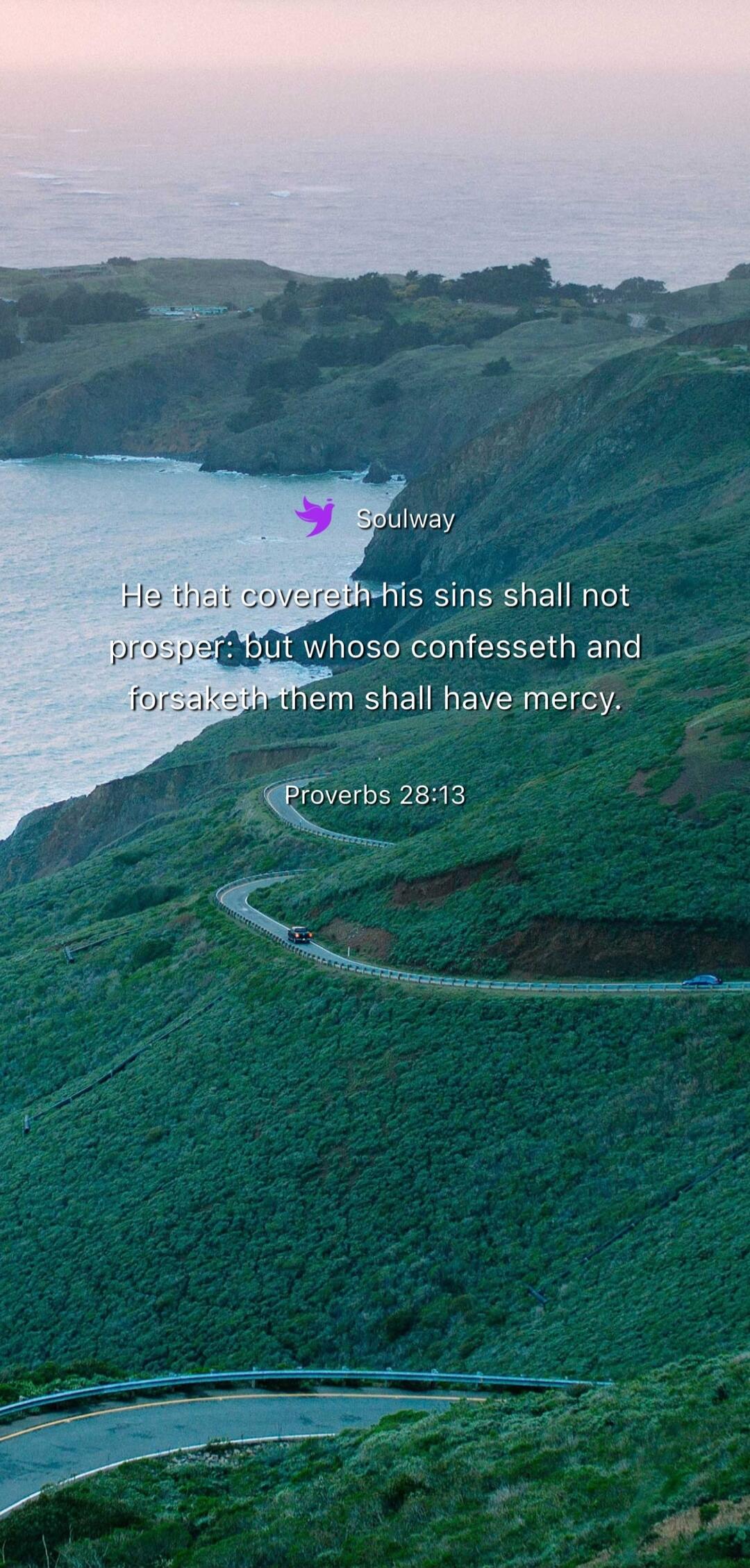 Soulway He that covereth his sins shall not prosper: but whoso confesseth and forsaketh them shall have mercy. Proverbs 28:13