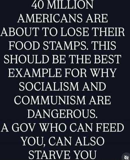 40 MILLION AMERICANS ARE ABOUT TO LOSE THEIR FOOD STAMPS. THIS SHOULD BE THE BEST EXAMPLE FOR WHY SOCIALISM AND COMMUNISM ARE DANGEROUS. A GOV WHO CAN FEED YOU, CAN ALSO STARVE YOU