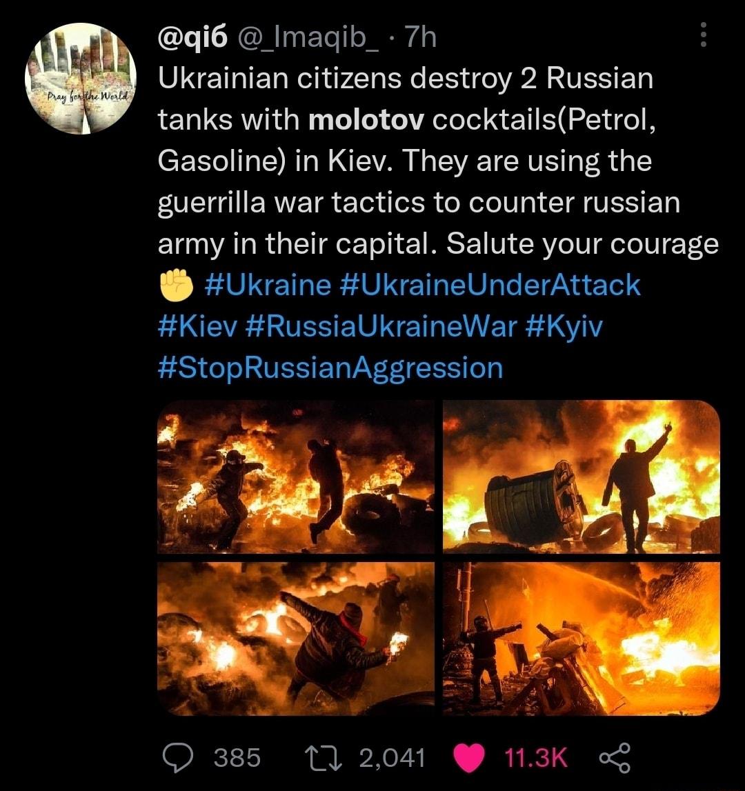 qi6 Imaqib_ 7h Ukrainian citizens destroy 2 Russian tanks with molotov cocktailsPetrol Gasoline in Kiev They are using the T al ERTET R E Teaa ot R o W elo 1 T VESSE To army in their capital Salute your courage Ukraine UkraineUnderAttack Kiev RussiaUkraineWar Kyiv StopRussianAggression 4 fre T W QO 385 17 2041 113K