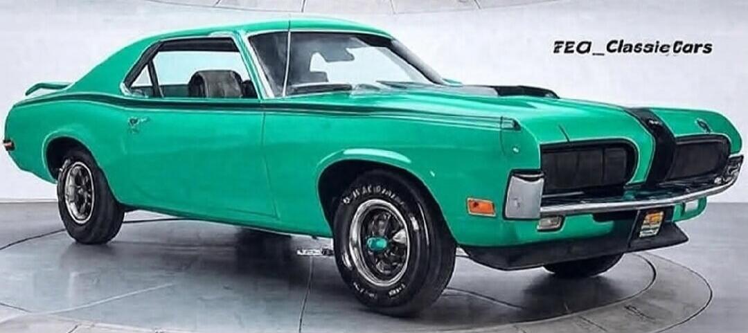 FEA_ClassicCars. A vibrant green classic muscle car, possibly a Mercury Cougar, with black racing stripes, parked on a display floor.