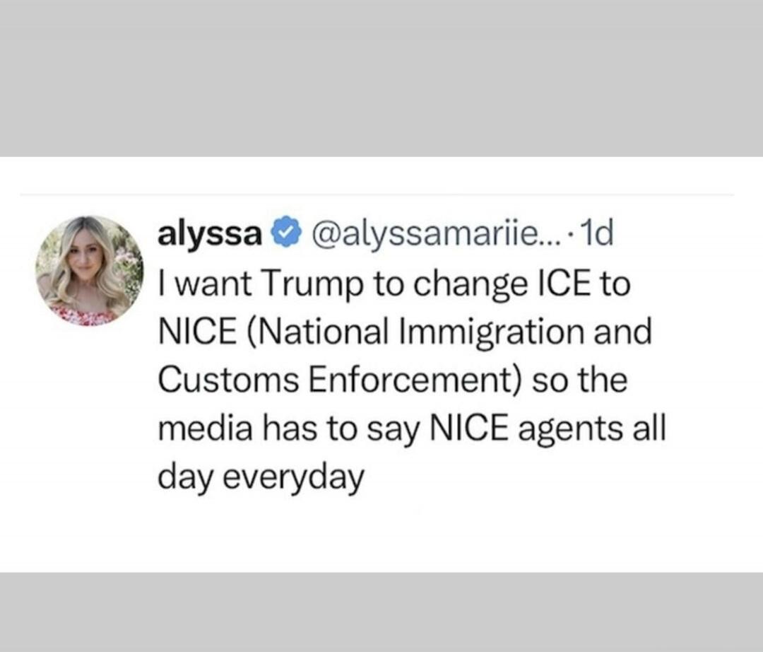 alyssa @alyssamariie... · 1d I want Trump to change ICE to NICE (National Immigration and Customs Enforcement) so the media has to say NICE agents all day everyday