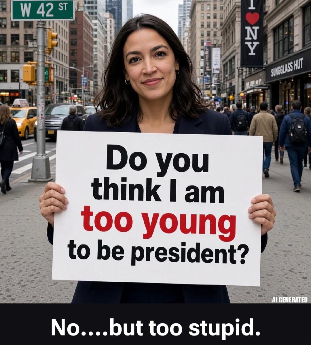 W 42 ST. I ❤️ NY. SUNGGLASS HUT. Do you think I am too young to be president? No....but too stupid. AI GENERATED.