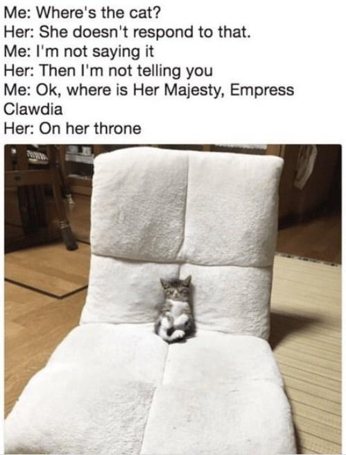 Me Wheres the cat Her She doesnt respond to that Me Im not saying it Her Then Im not telling you Me Ok where is Her Majesty Empress Clawdia Her On her throne