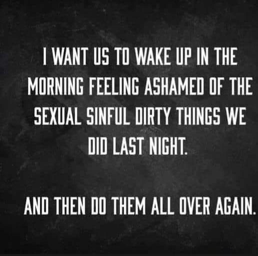 I WANT US TO WAKE UP IN THE MORNING FEELING ASHAMED OF THE SEXUAL SINFUL DIRTY THINGS WE DID LAST NIGHT. AND THEN DO THEM ALL OVER AGAIN.