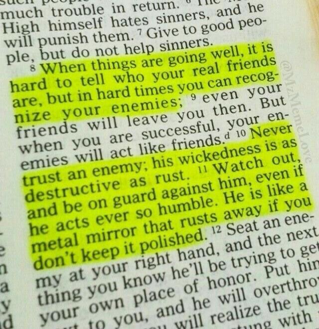 When things are going well, it is hard to tell who your real friends are, but in hard times you can recognize your enemies; even your friends will leave you then. But when you are successful, your enemies will act like friends. Never trust an enemy; his wickedness is as destructive as rust. Watch out, and be on guard against him, even if he acts ev