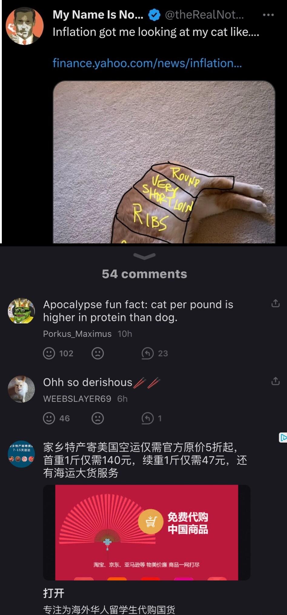 My Name Is No theRealNot Inflation got me looking at my cat like financeyahoocomnewsinflation 54 comments Apocalypse fun fact cat per pound is higher in protein than dog Porkus_Maximus 10h 0 0 Ohh so derishous WEEBSLAYER69 6h G REB FEEATERBEL RN BHEITNE1407T LEVTIREA77T HWEARRS XN EHMEABSLERABE S