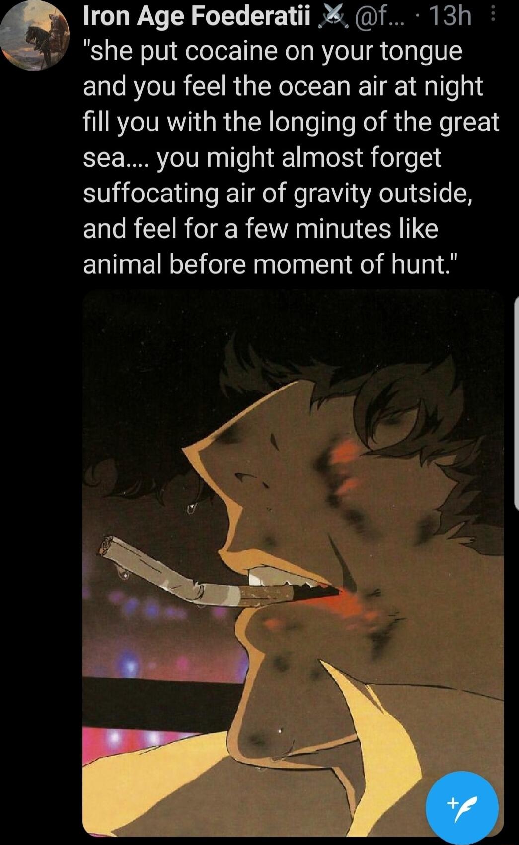 Iron Age Foederatii f 13h she put cocaine on your tongue and you feel the ocean air at night fill you with the longing of the great sea you might almost forget suffocating air of gravity outside and feel for a few minutes like animal before moment of hunt