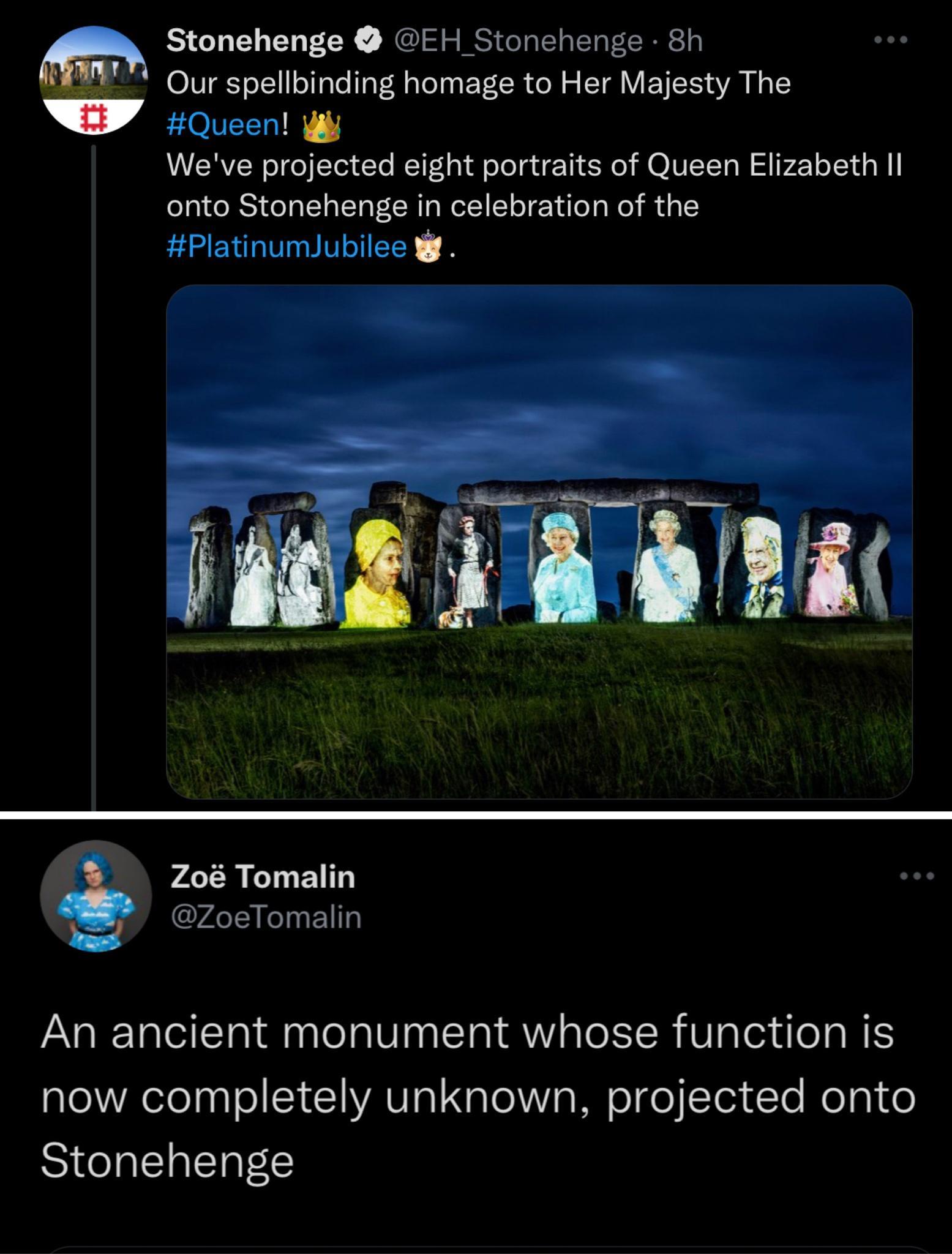 Stonehenge EH_Stonehenge 8h Our spellbinding homage to Her Majesty The OV Weve projected eight portraits of Queen Elizabeth Il onto Stonehenge in celebration of the PlatinumJubilee _ Zo Tomalin ZoeTomalin An ancient monument whose function is now completely unknown projected onto Stonehenge