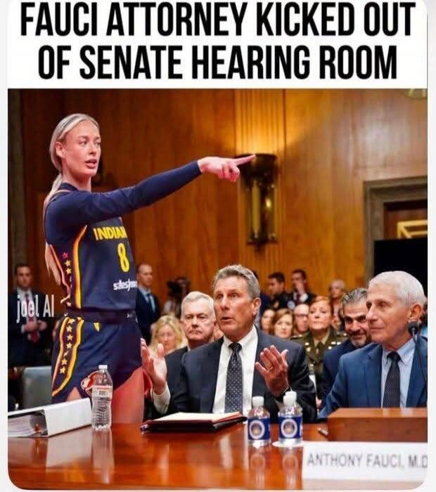FAUCI ATTORNEY KICKED OUT OF SENATE HEARING ROOM. A woman in an Indiana basketball jersey with number 8 is pointing in a Senate hearing room. Anthony Fauci, M.D. is visible at the table.