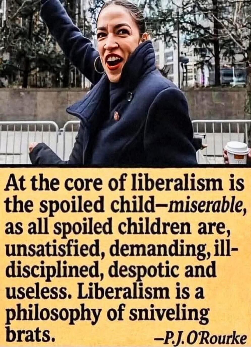 At the core of liberalism is the spoiled child—miserable, as all spoiled children are, unsatisfied, demanding, ill-disciplined, despotic and useless. Liberalism is a philosophy of sniveling brats. —P.J. O'Rourke