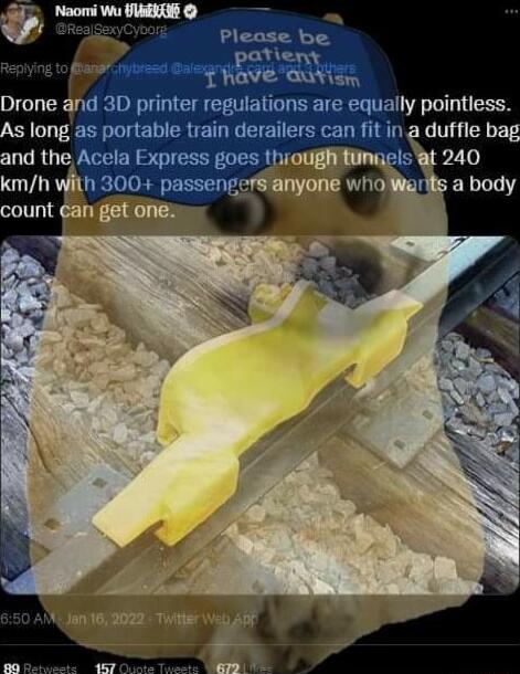 Naomi Wu HWEEE 0 Please be V 5 el 5 to SRS T have aatisn Drone and 3D printer regulations are equally pointless As long as portable train derailers can fit in a duffie bag